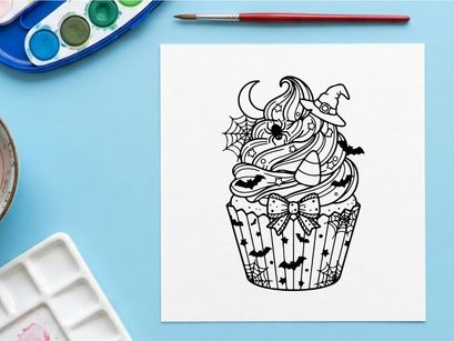 Página para colorear de cupcake de Halloween. Ilustración festiva de postre con sombrero de bruja y murciélagos.