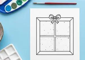 Christmas window line art illustration with festive snowflakes and pine branches