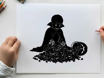 A silhouette of a cute vampire surrounded by candy and a pumpkin