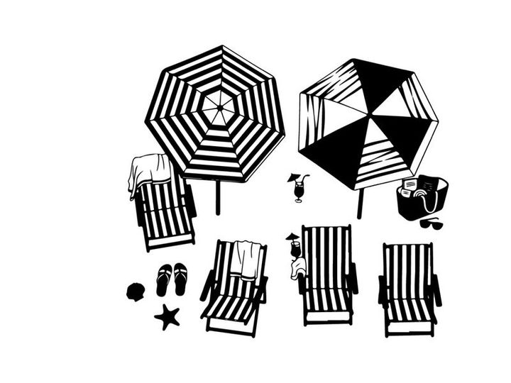 Beach scene with striped umbrella and silhouette beach chairs