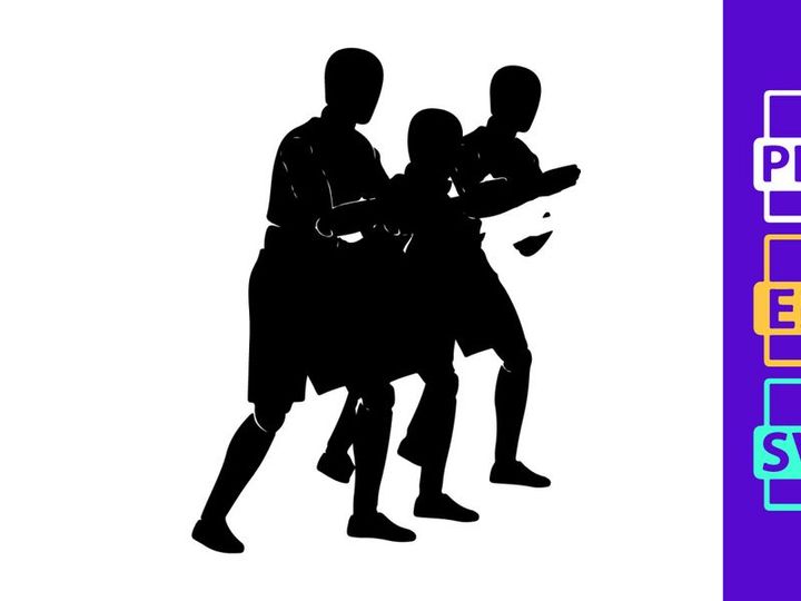 Three silhouetted men in traditional dance or martial arts movement