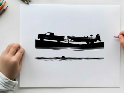 Silhouette of a pickup truck towing a boat on a trailer by the water