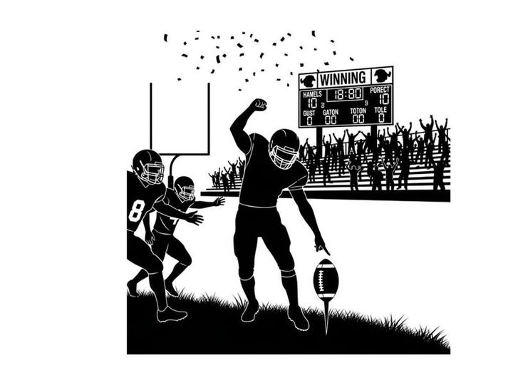 Silhouette of a football player celebrating a touchdown with confetti
