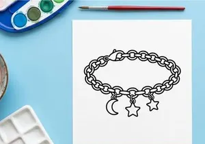 Hand-drawn Halloween charm bracelet with moon and stars. Whimsical silver-toned jewelry featuring celestial and festive motifs for seasonal accesso...