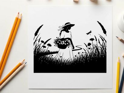 Silhouette of a woman in a field with flowers and a bird