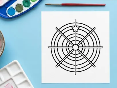 Minimalist star target symbol on concentric circles. Precision crosshair design for accuracy and focus testing.