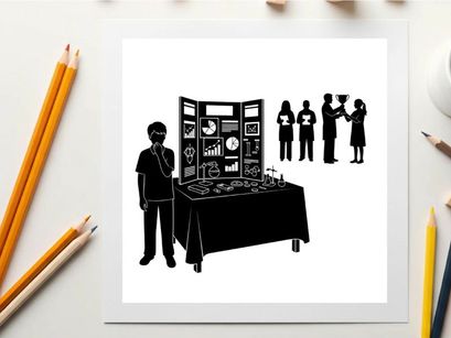 Silhouette of a boy standing by a table with a display and other silhouettes