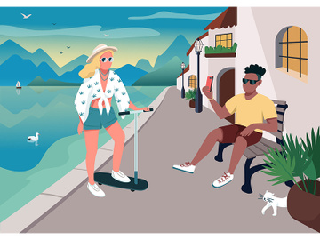 Couple taking selfie at waterfront area flat color vector illustration preview picture
