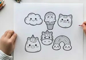 Cute animal faces in ice cream and rainbow vector illustration