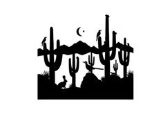 Desert silhouette with cacti and birds under moonlight