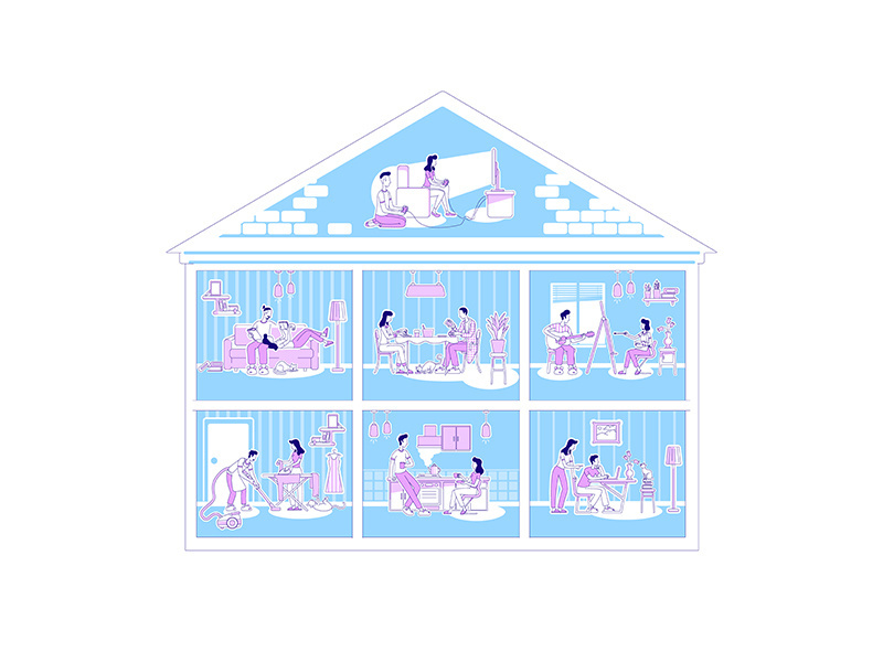 Family activities in apartments flat silhouette vector illustration