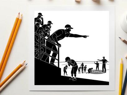 Silhouette of a man pointing from a raised platform with people below