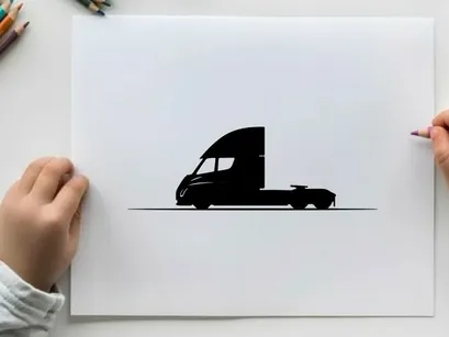 Silhouette of a semi truck driving on a road with a curved cab silhouette