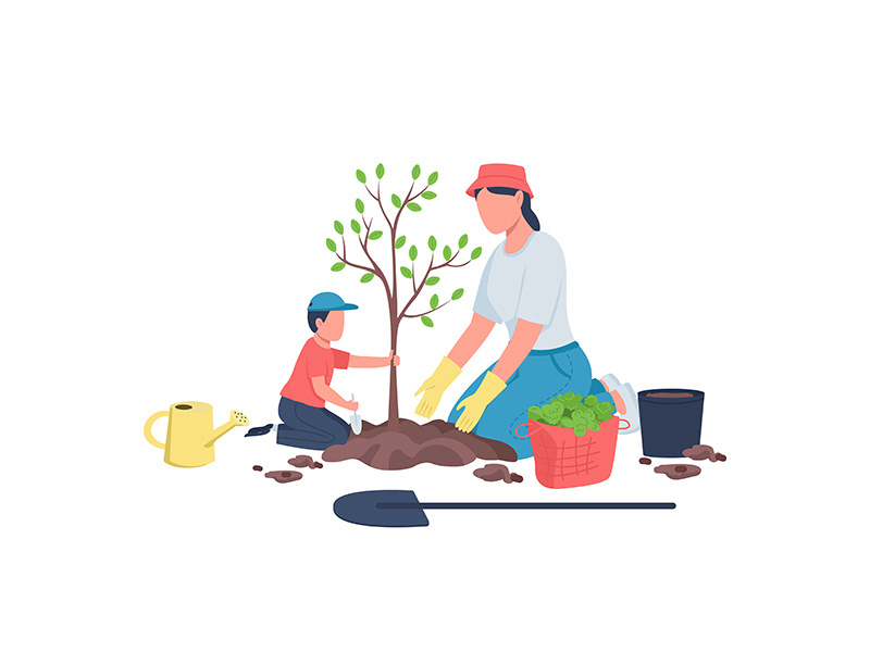 Family planting tree together flat color vector faceless characters