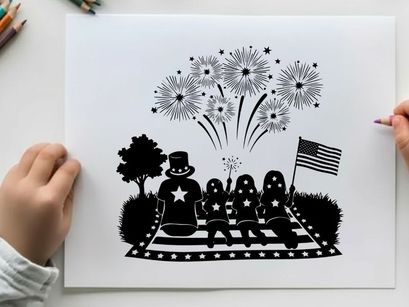 Patriotic family silhouette watching fireworks on railroad tracks