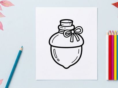 Acorn shaped potion bottle icon. Cute magic jar drawing for Halloween design projects.