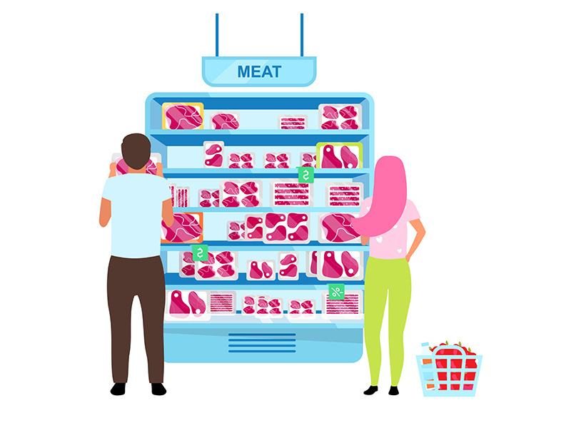 Customers choosing meat in butchery flat vector illustration