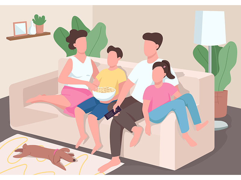 Family watch TV flat color vector illustration