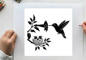 Silhouette of hummingbird feeding young in nest on branch