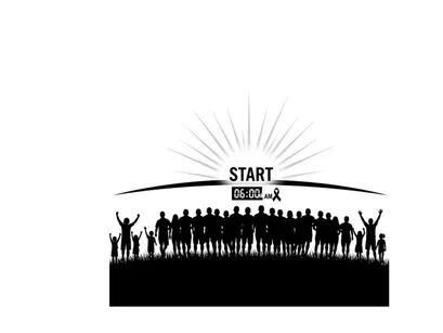 Silhouette of people at starting line with sunrise and text