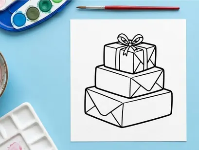 Stack of Christmas gift boxes with a bow, black and white line art illustration.