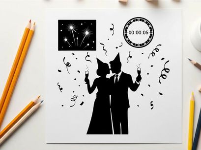 New year's eve celebration silhouette with fireworks and music notes