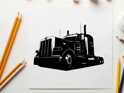 Silhouette of a semi truck with a large grill and exhaust pipes