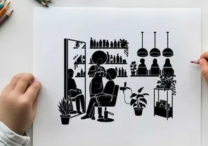 Silhouette of a hair salon with customers and stylists
