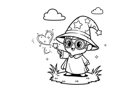 Cute wizard boy with magic wand casting spell vector illustration