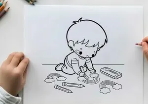 Cute baby drawing with crayons vector illustration flat design