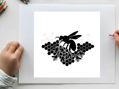 Silhouette of a bee on a honeycomb with smaller bees silhouette