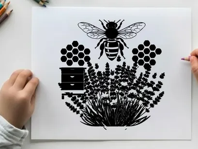 Bee silhouette flying over lavender with honeycomb silhouette
