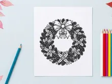 Christmas wreath line art illustration with pine branches holly berries and a large bow