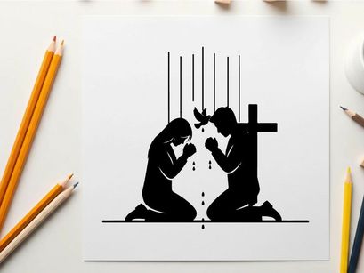 Silhouette of two praying figures by a cross with dove