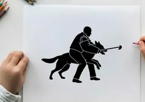 Silhouette of a man and dog in a training exercise with tug toy