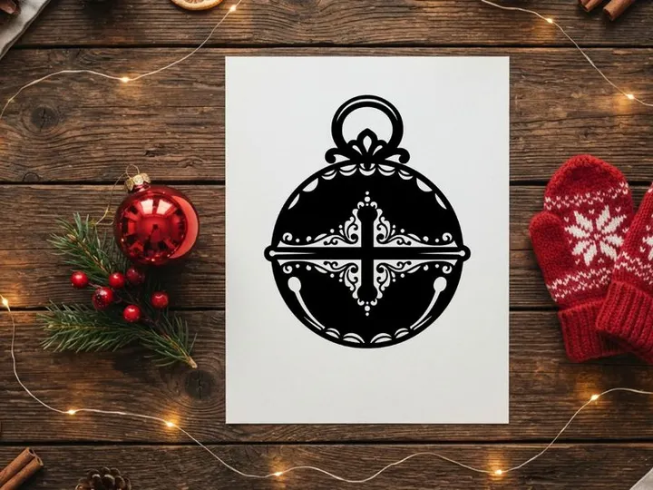 Black and white Christmas jingle bell icon with ornate filigree cross design.