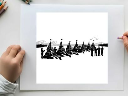 Silhouette of people and snowmobiles in a winter landscape
