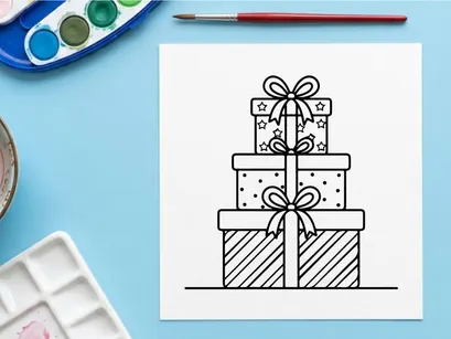 Stack of Christmas gift boxes with bows, black and white line art illustration.