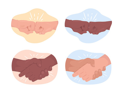 Friendly interaction 2D vector isolated illustration set.