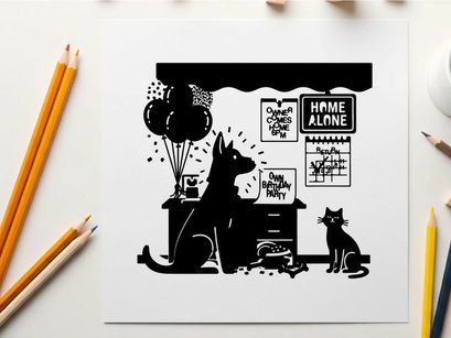 Silhouette of dog and cat home alone with balloons