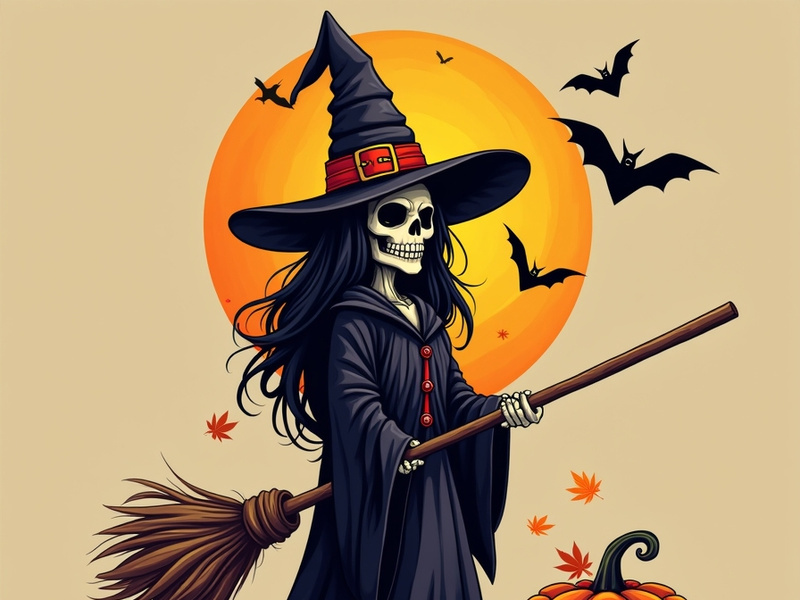 A cartoon illustration presents a skeleton witch with a broom
