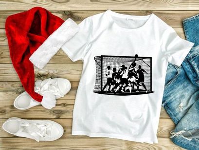 Black and white illustration of a handball goal being defended by a goalkeeper