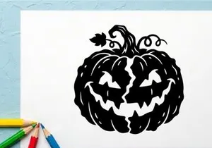 Black Halloween Pumpkin with Carved Jack-o'-Lantern Face