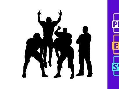 Silhouette of four men in dynamic poses one jumping in air with arms raised