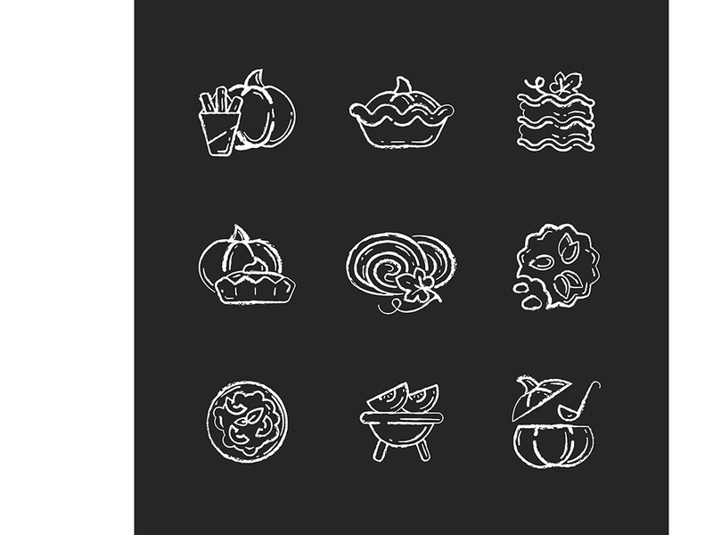 Pumpkin dishes chalk white icons set on black background