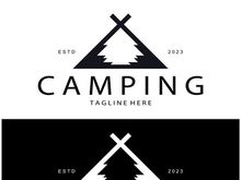 vintage and retro tent logo, camping. With tent, tree and bonfire sign. adventurers, scouts, climbers, camping equipment center