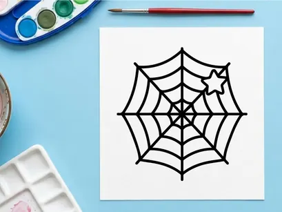 Halloween spider web with glowing star center. Minimalist black and white line art for seasonal decor and crafts.
