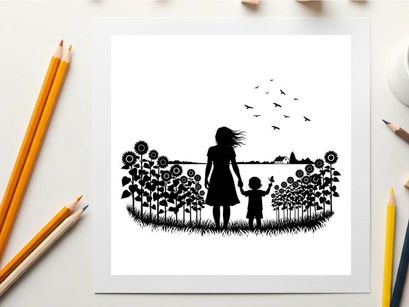 Silhouette of a woman and child in a field of sunflowers