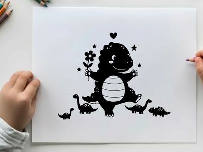 Silhouette of a smiling dinosaur with little ones and flowers