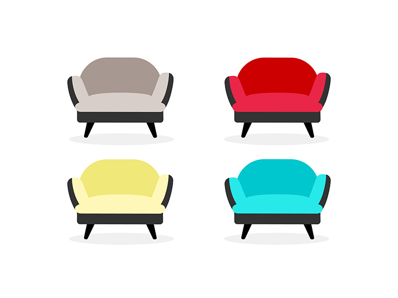Armchairs flat color vector objects set